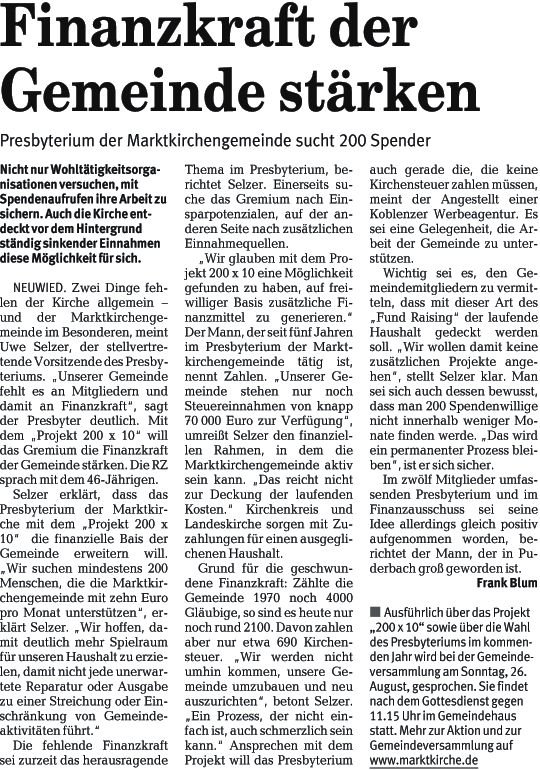 Artikel aus der Rheinzeitung vom 15.08.2007 zur Aktion 200 x 10